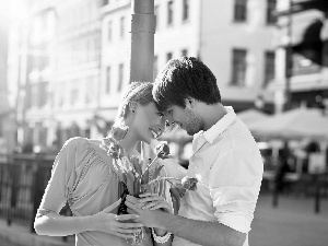 bouquet, a man, apartment house, love, Women, tulips, blur