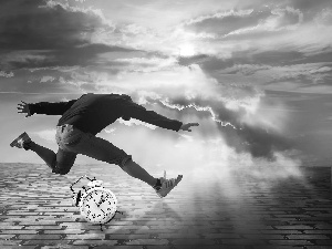 clouds, jump, time, light breaking through sky, a man, alarm clock, causeway