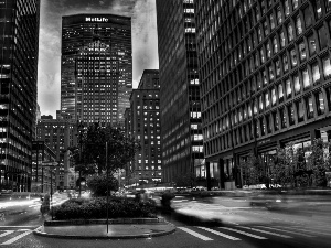 skyscrapers, alley, Manhattan, clouds