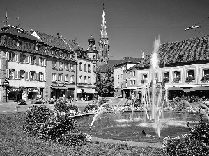 market, fountain, houses, Church, color