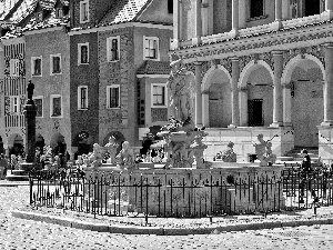 market, Poznań, houses, Old car, fountain