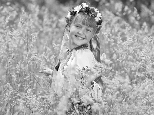 laughing, wreath, Meadow, girl