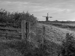 Plants, fence, Windmill, Meadow, Great Sunsets