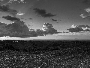 medows, clouds, Mountains