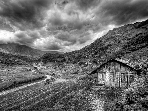 medows, clouds, Mountains