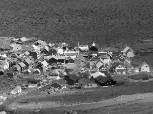 Houses, Coast, medows, Norway, roads, Town