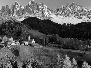 woods, medows, sun, Houses, west, Alps, autumn, Church