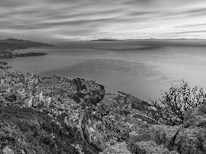 Mountains, Sunrise, Town, Monaco, rocks, sea