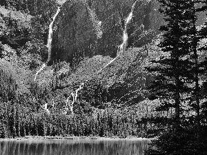 Glacier National Park, Hidden Lake, waterfalls, Mountains, viewes, Montana State, The United States, trees