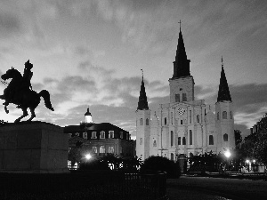 Monument, New Orleans, chair, evening, Jackson Square, Louisiana