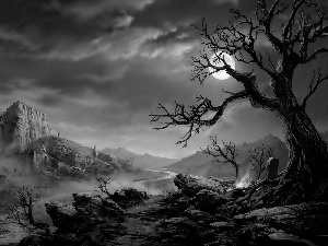 trees, Mountains, moon, fire, viewes, Fog