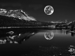 River, winter, moon, Mountains