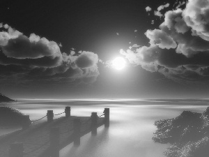 Sky, Platform, clouds, Night, sea, moon, rocks