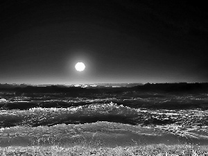 sea, Night, moon, Waves