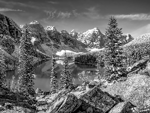 forest, winter, moraine, Canada, lake, Mountains