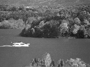 autumn, woods, Motor boat, lake