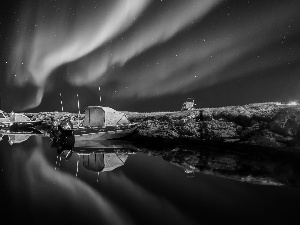 aurora polaris, lake, motorboat