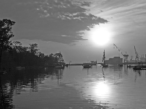 motorboat, crane, west, sun, River