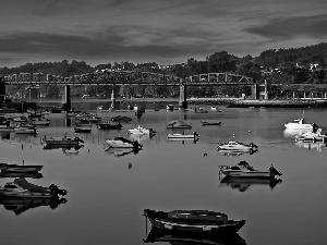 motorboat, woods, bridge, Boats, River