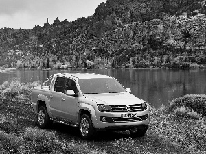 volkswagen amarok, lake, Mountains