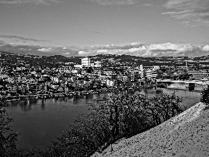 Mountains, Austria, River, Town, winter