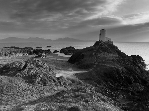 rocks, maritime, clouds, sea, Lighthouse, Mountains, autumn