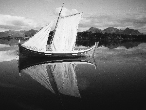 Boat, lake, Mountains, sail