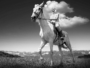 Mountains, clouds, Meadow, Horse, Women