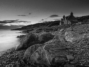 Mountains, Dusk, Stones, house, Coast