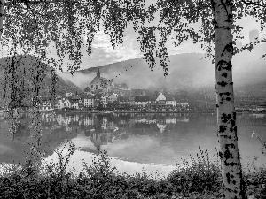 Mountains, Fog, River, birch, Town