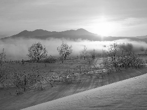 Mountains, winter, Fog