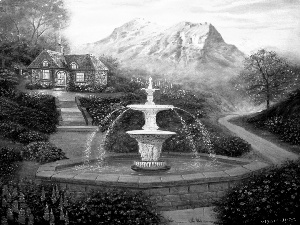 fountain, Garden, Mountains, house