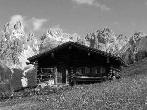 Mountains, grass, house, Rocky, wooden