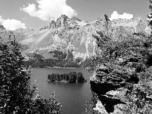 Mountains, lake, Islet