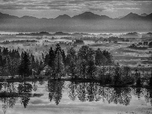 Fog, country, woods, field, autumn, Mountains, lake