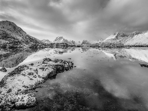 Snowy, winter, Lofoten, Mountains, sea, clouds, Norway