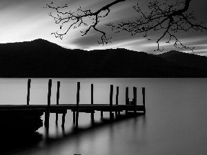 Mountains, pier, lake, twilight, summer