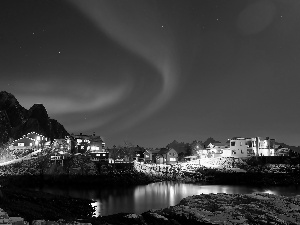 Mountains, aurora polaris, colony, lake, Houses