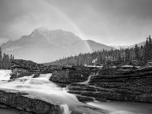 Mountains, Great Rainbows, rocks, forest, waterfall