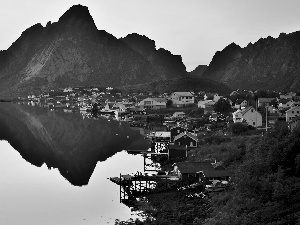 Mountains, Norwegian Sea, VEGETATION, Houses, rocks, Lofoten, Norway, Reine Village