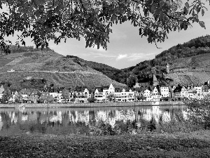 River, Church, Mountains, Houses