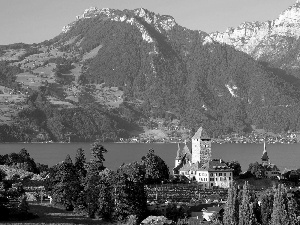 Mountains, Church, River