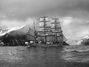 sea, sailing vessel, Mountains