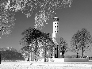 Mountains, snow, viewes, Church, trees