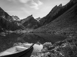 Mountains, Switzerland, Alps, Seealpsee Lake, Boat, Houses, trees, viewes, Stones