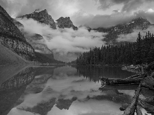 Banff National Park, Lake Moraine, clouds, Mountains, viewes, Alberta, Canada, trees