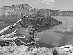 trees, Island, broken, Mountains, lake, viewes, Lod on the beach