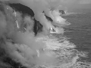 volcano, sea, Mountains, Lava