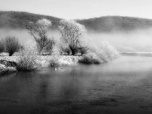 viewes, River, Mountains, winter, Fog, trees