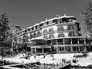 Mountains, winter, River, bridge, Hotel hall